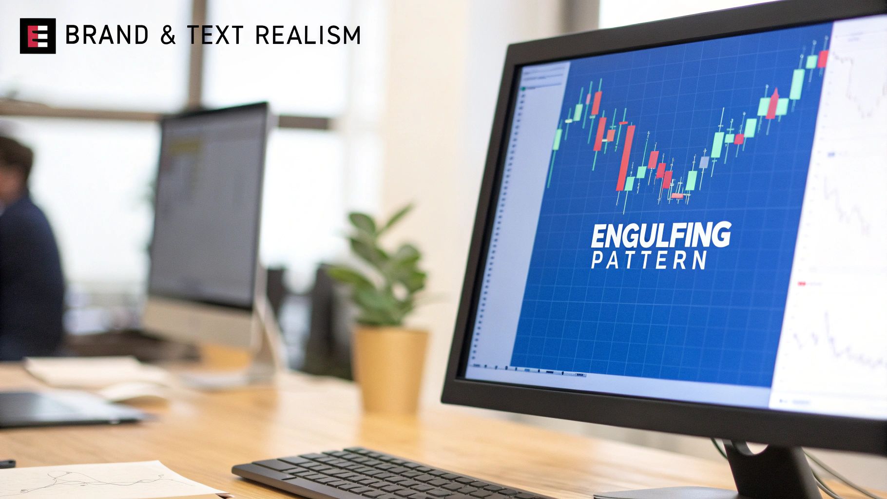 A computer monitor displays a blue financial candlestick chart with 'ENGULFING PATTERN' text in an office.