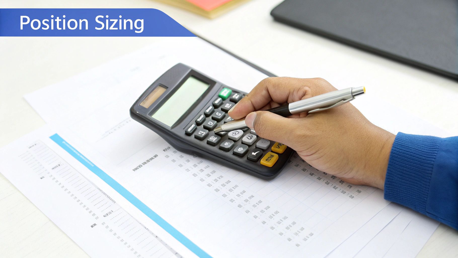A person's hand uses a calculator while reviewing financial documents with 'Position Sizing' written on a banner.