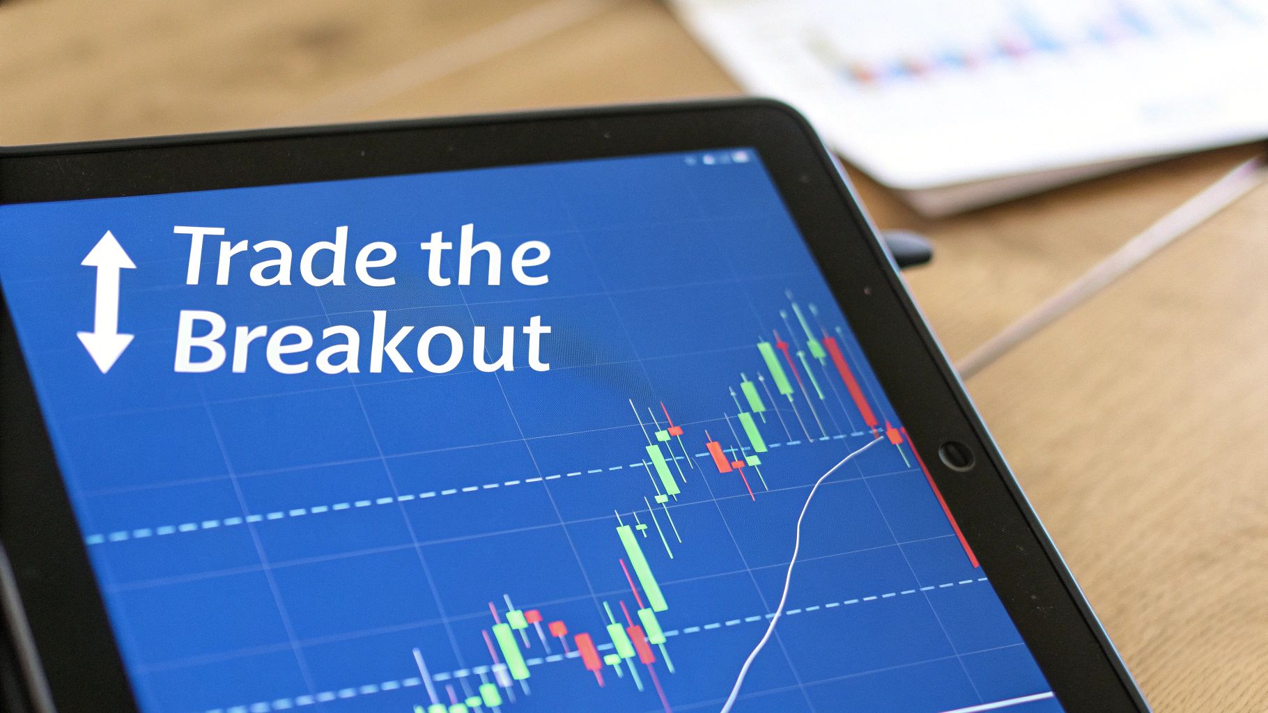 A close-up of a tablet displaying a financial chart with "Trade the Breakout" strategy text.