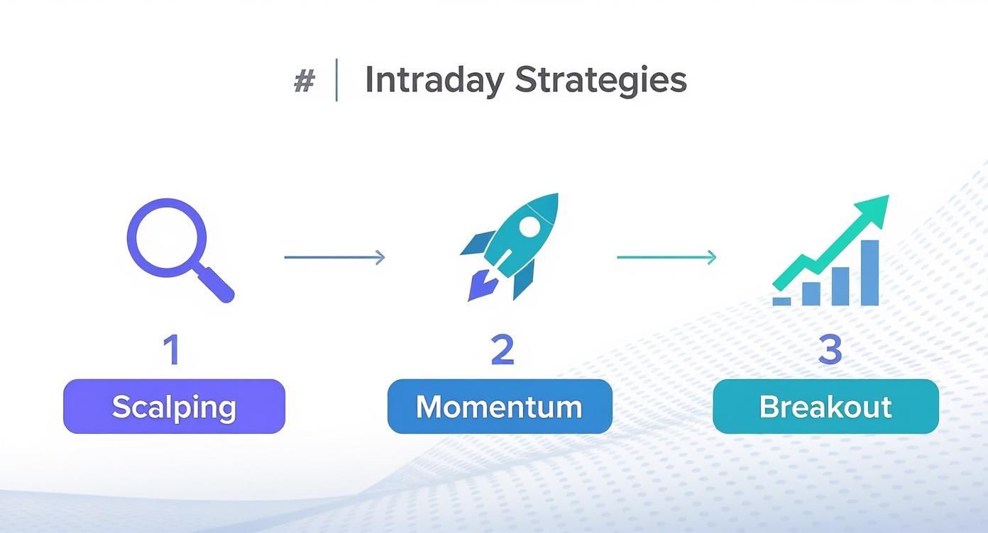 Three intraday trading strategies illustrated with icons: scalping, momentum, and breakout approaches for day traders