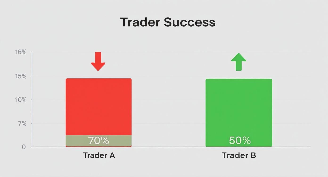 A bar chart comparing Trader A with a 70% win rate and low account growth to Trader B with a 50% win rate and high account growth.