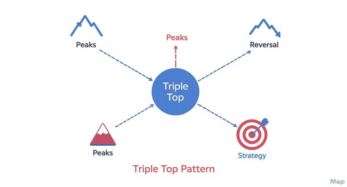 A diagram explaining the Triple Top pattern, with arrows pointing to peaks, reversal, and strategy.