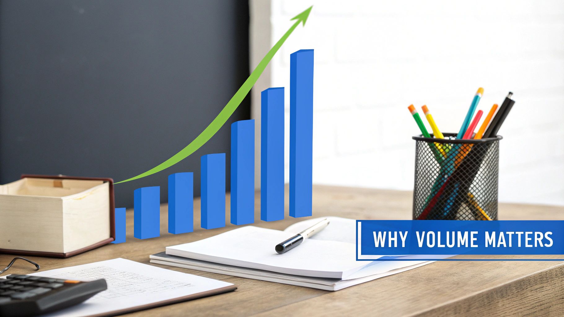 A chart showing a strong uptrend confirmed by high trading volume bars