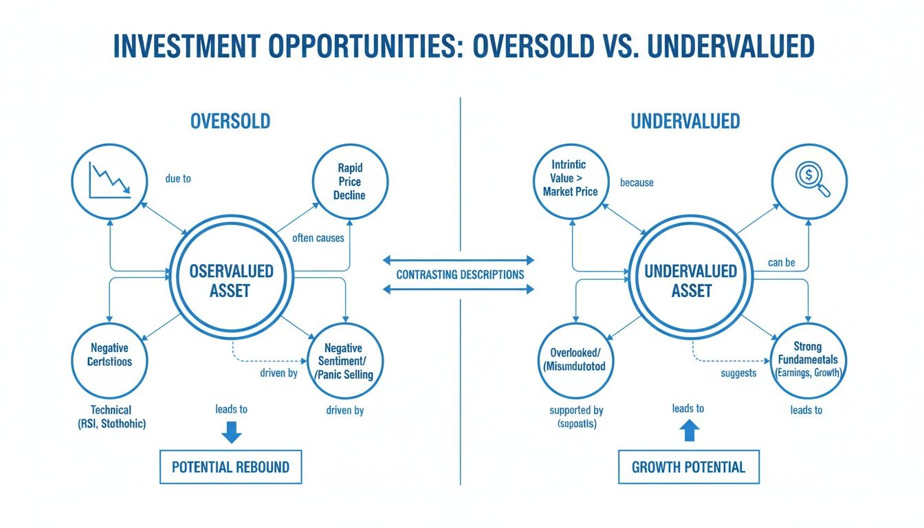 Flowchart illustrating investment opportunities, comparing oversold assets for potential rebound and undervalued assets for growth potential.