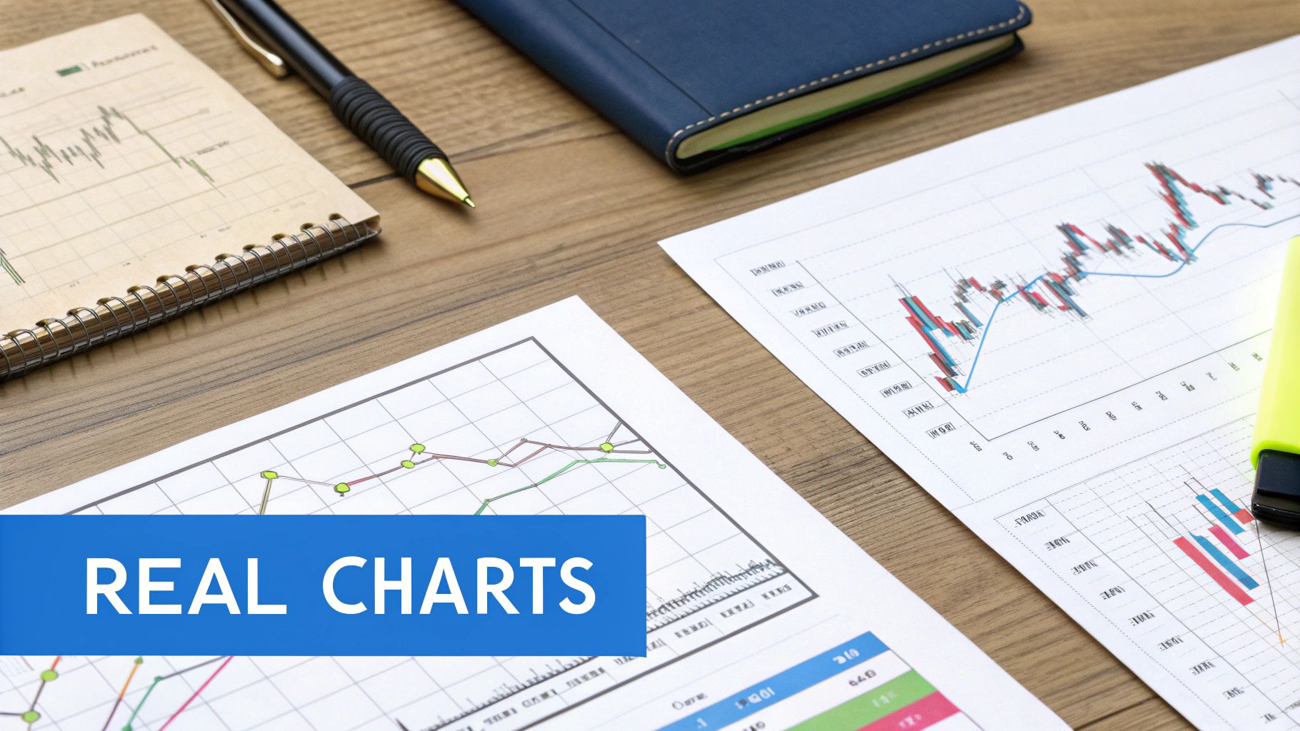 Financial documents and a pen on a wooden desk, showcasing charts and graphs with a 'REAL CHARTS' banner.