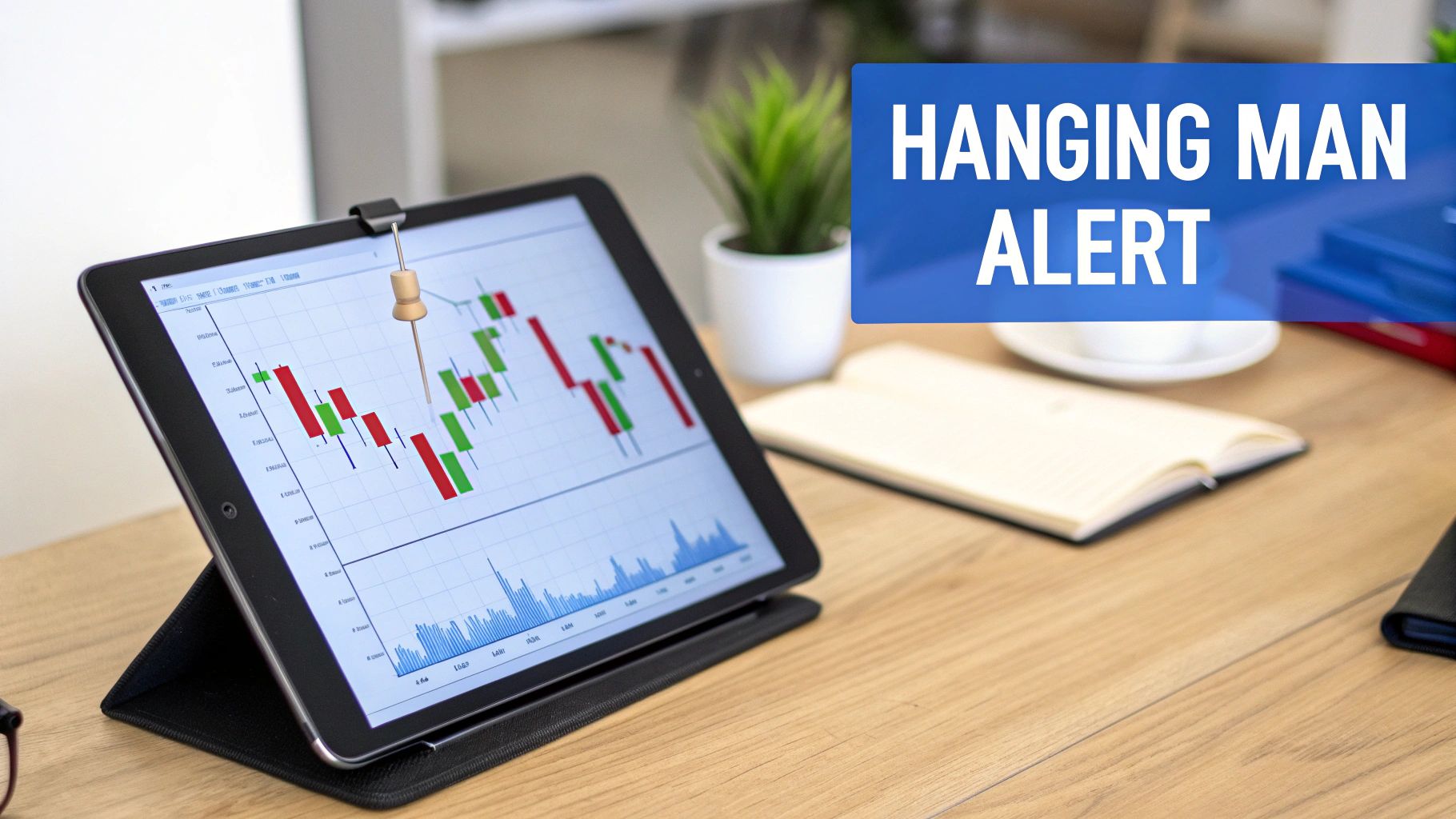 A candlestick chart showing the Hanging Man pattern at the peak of an uptrend, with its small body and long lower shadow.