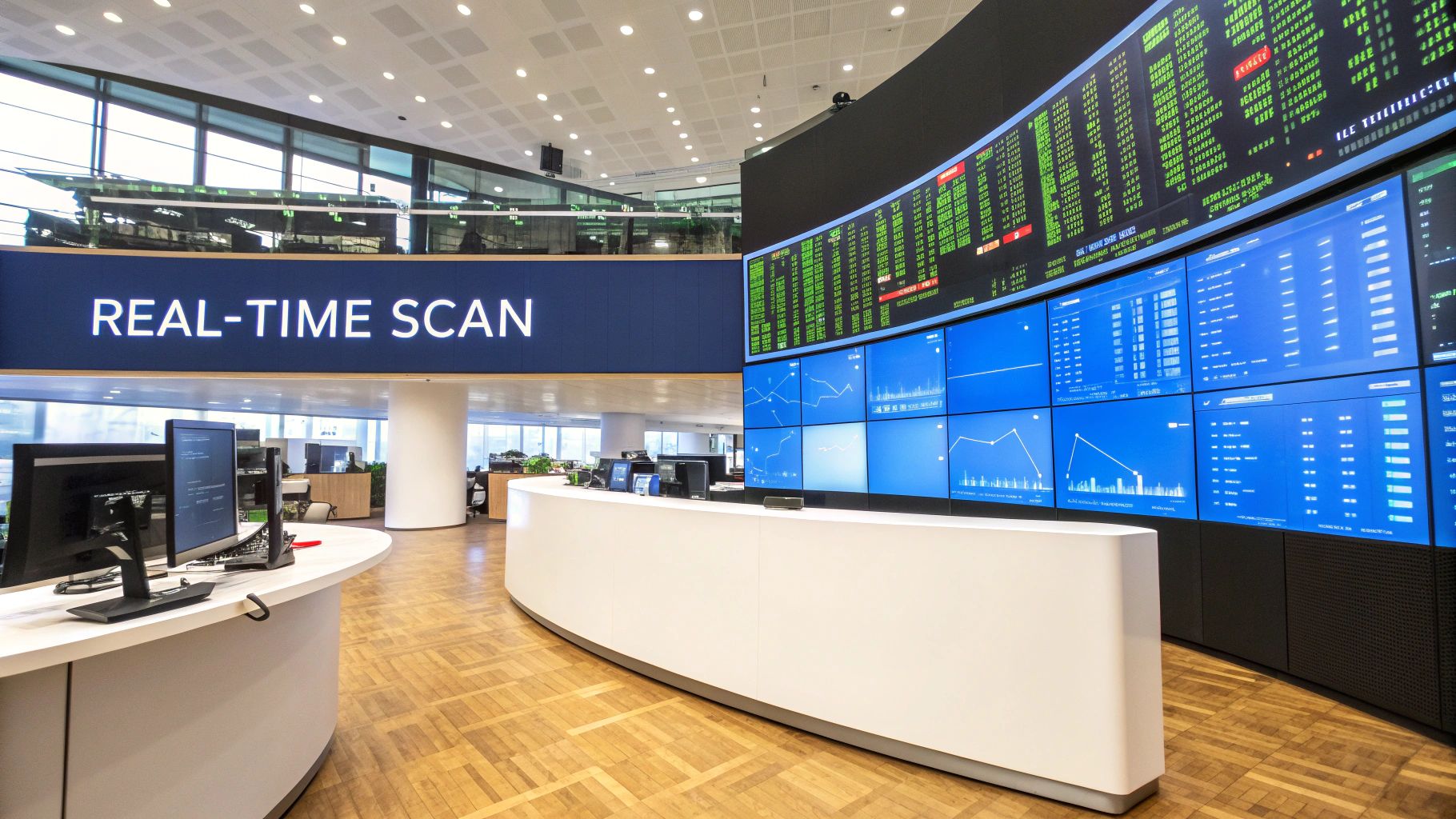 A trader analyzing multiple screens showing real-time stock charts and data