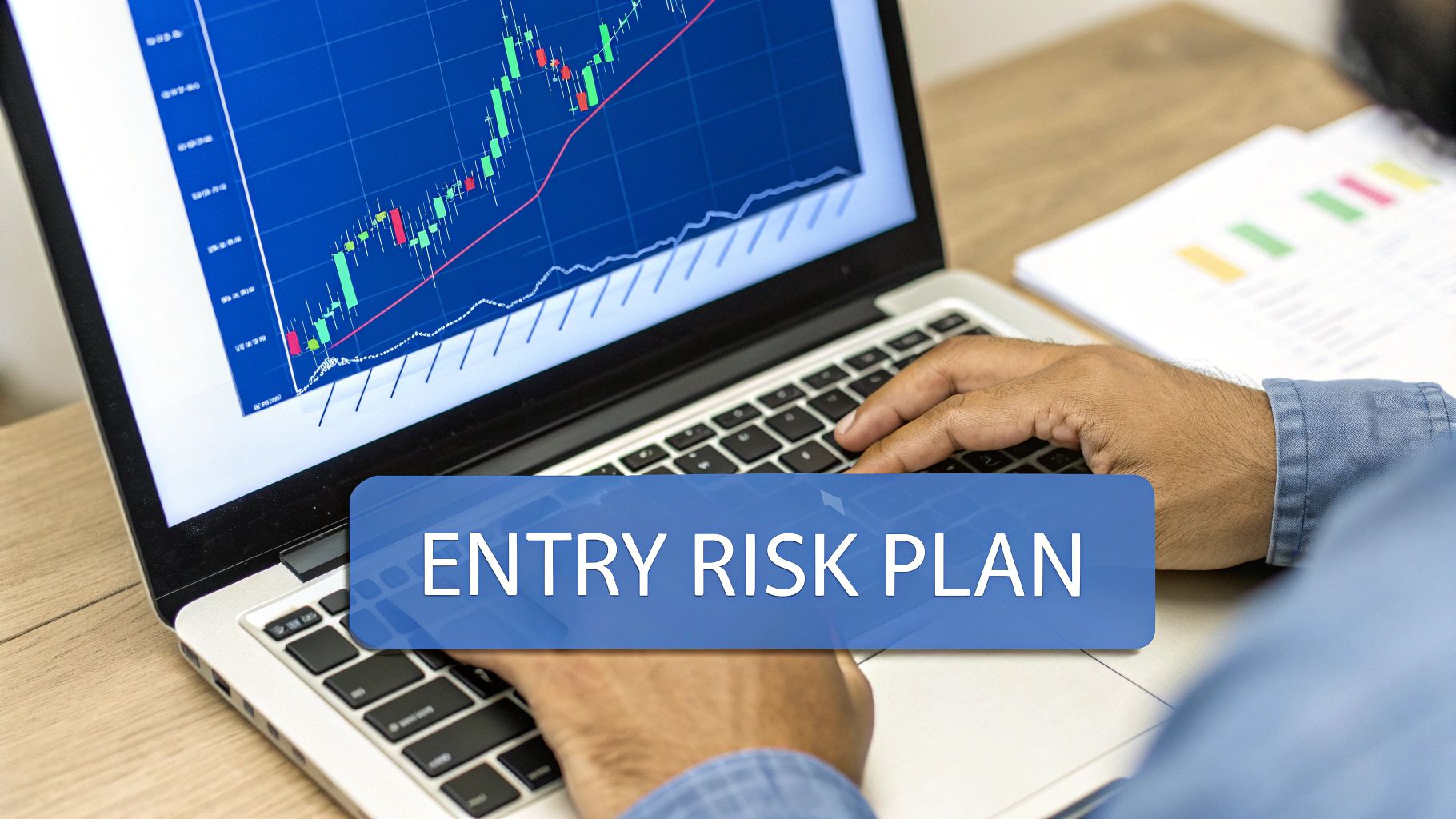 Trader analyzing candlestick charts and developing entry risk plan on laptop computer screen