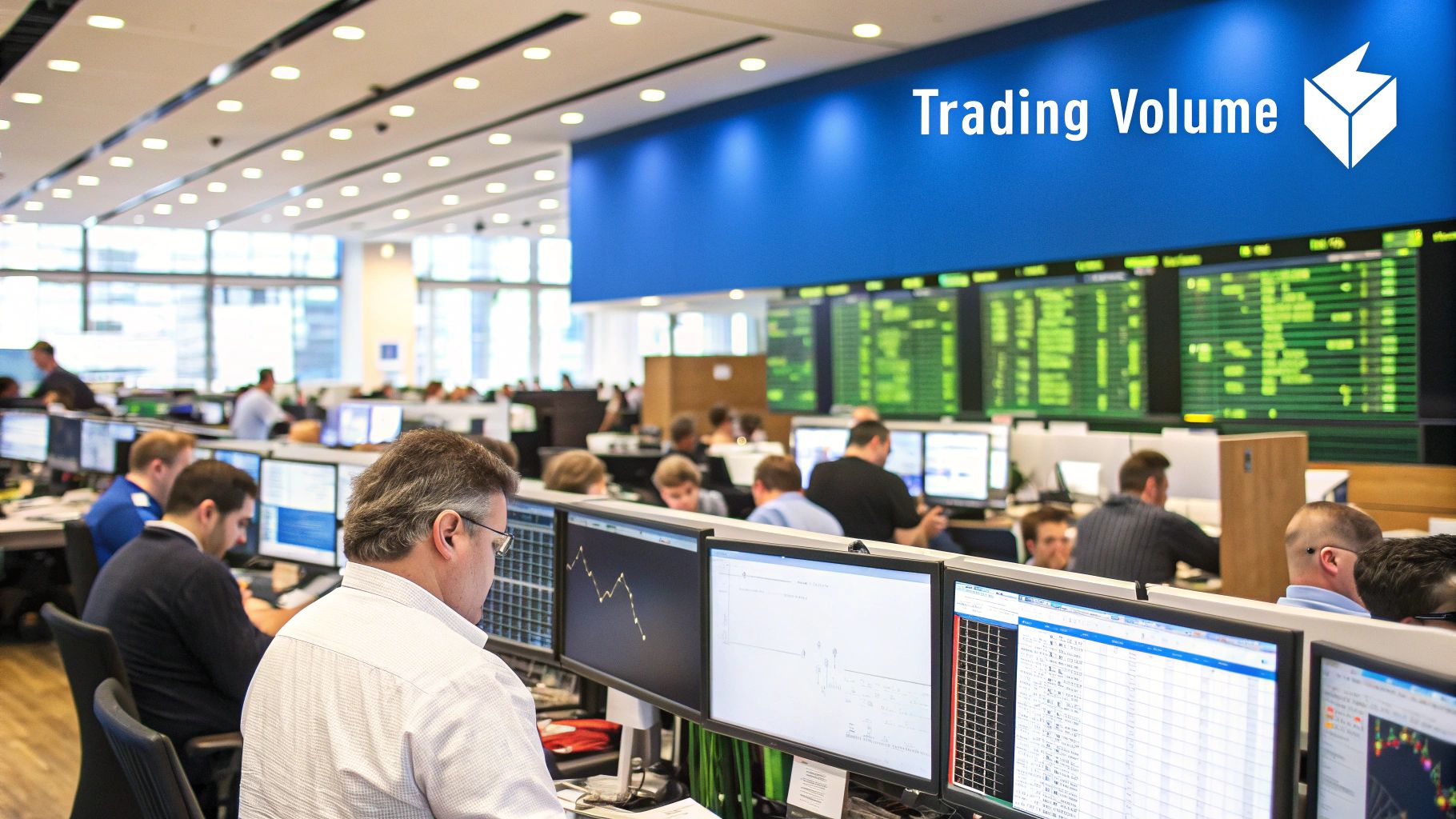 A chart showing stock market data with trading volume bars at the bottom