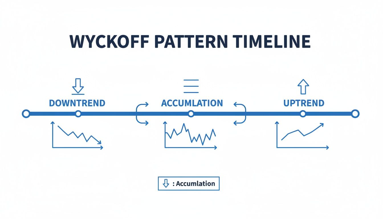 Wyckoff Pattern Timeline infographic illustrating market phases: downtrend, accumulation, and uptrend with charts.