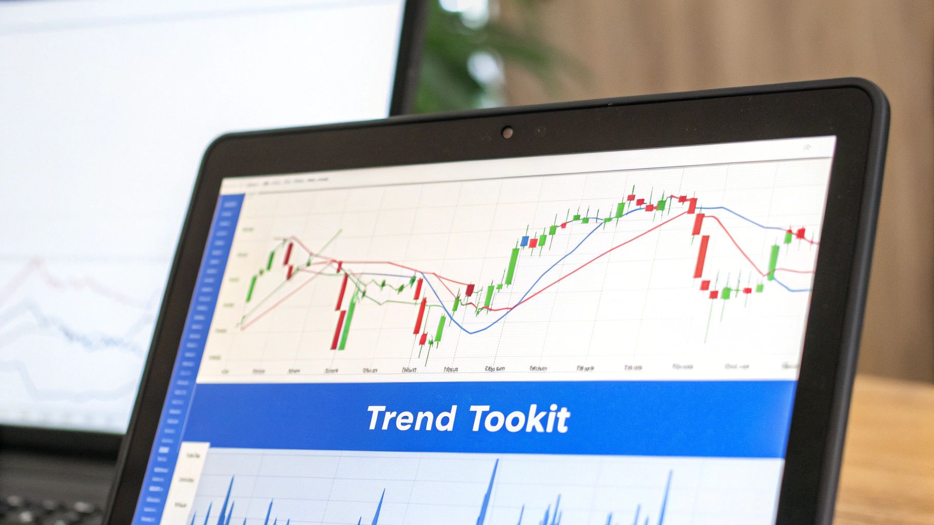 A laptop screen displays a detailed stock market candlestick chart with moving averages and the text "Trend Tookit".