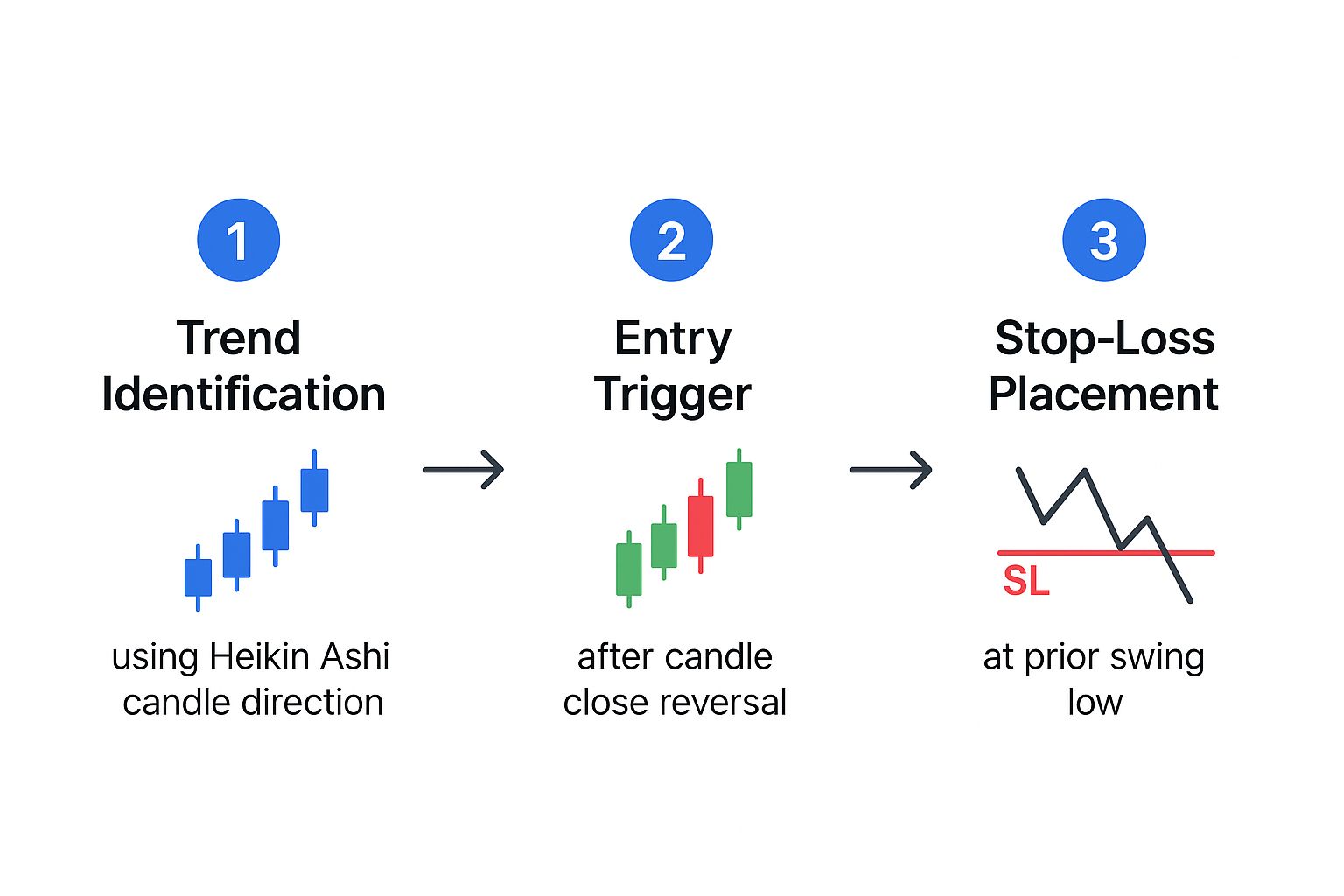 Infographic showing a three-step process: Trend Identification with Heikin Ashi direction, Entry Trigger after a candle reversal, and Stop-Loss Placement at the prior swing low.