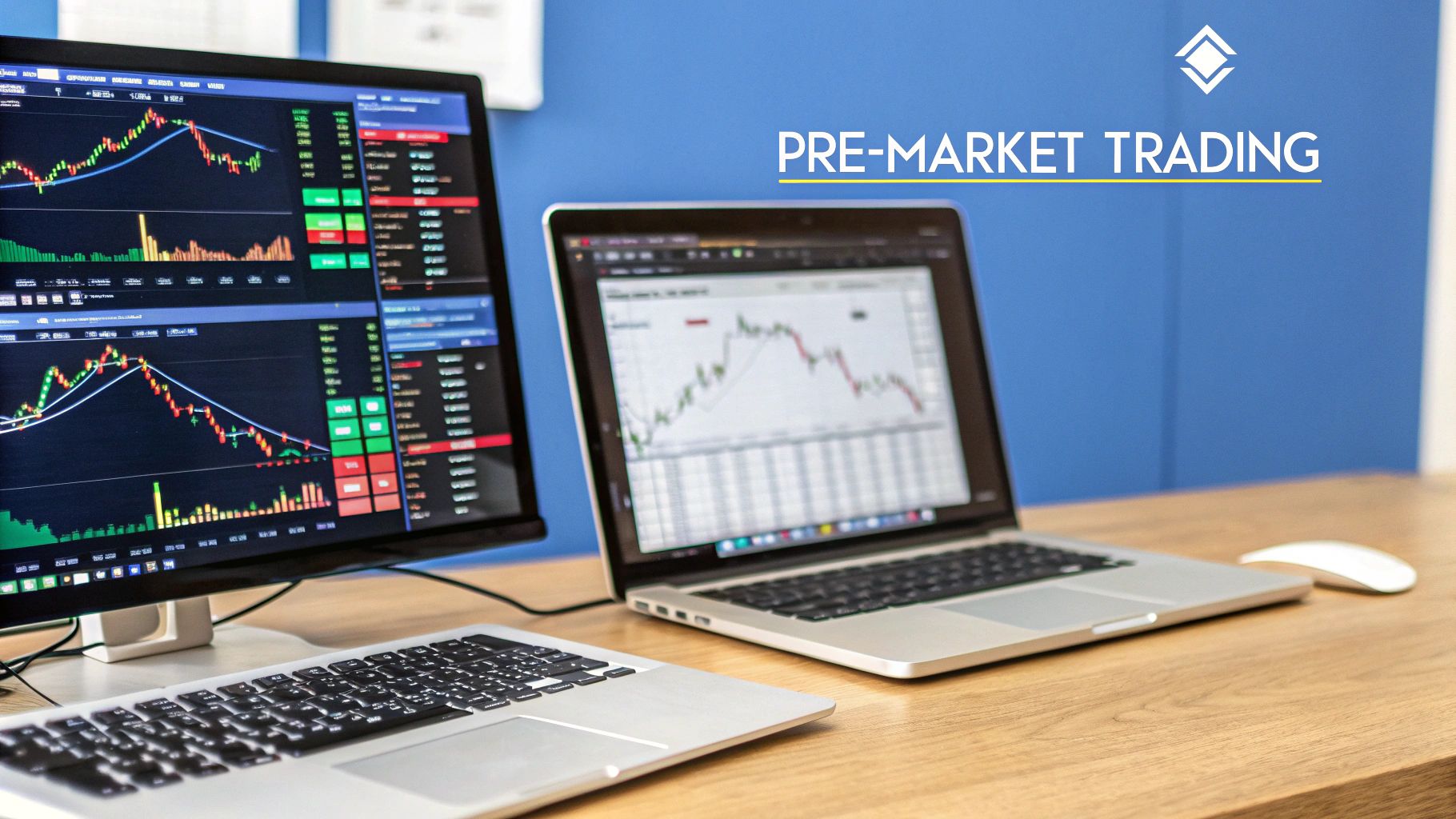 A trader analyzing pre-market stock charts on a multi-monitor setup
