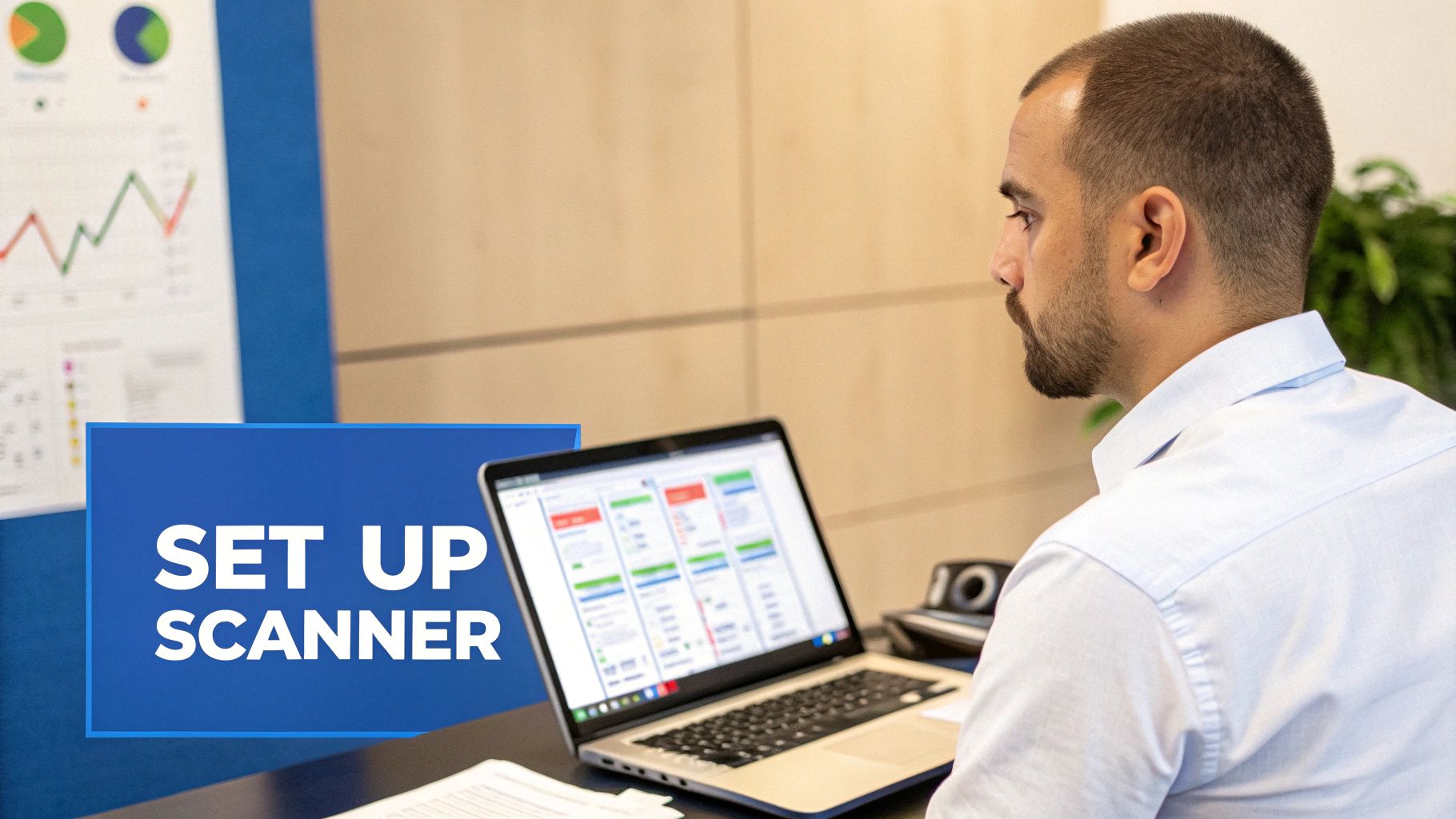 A man in a light blue shirt looks at a laptop displaying data, with 'SET UP SCANNER' text overlay.