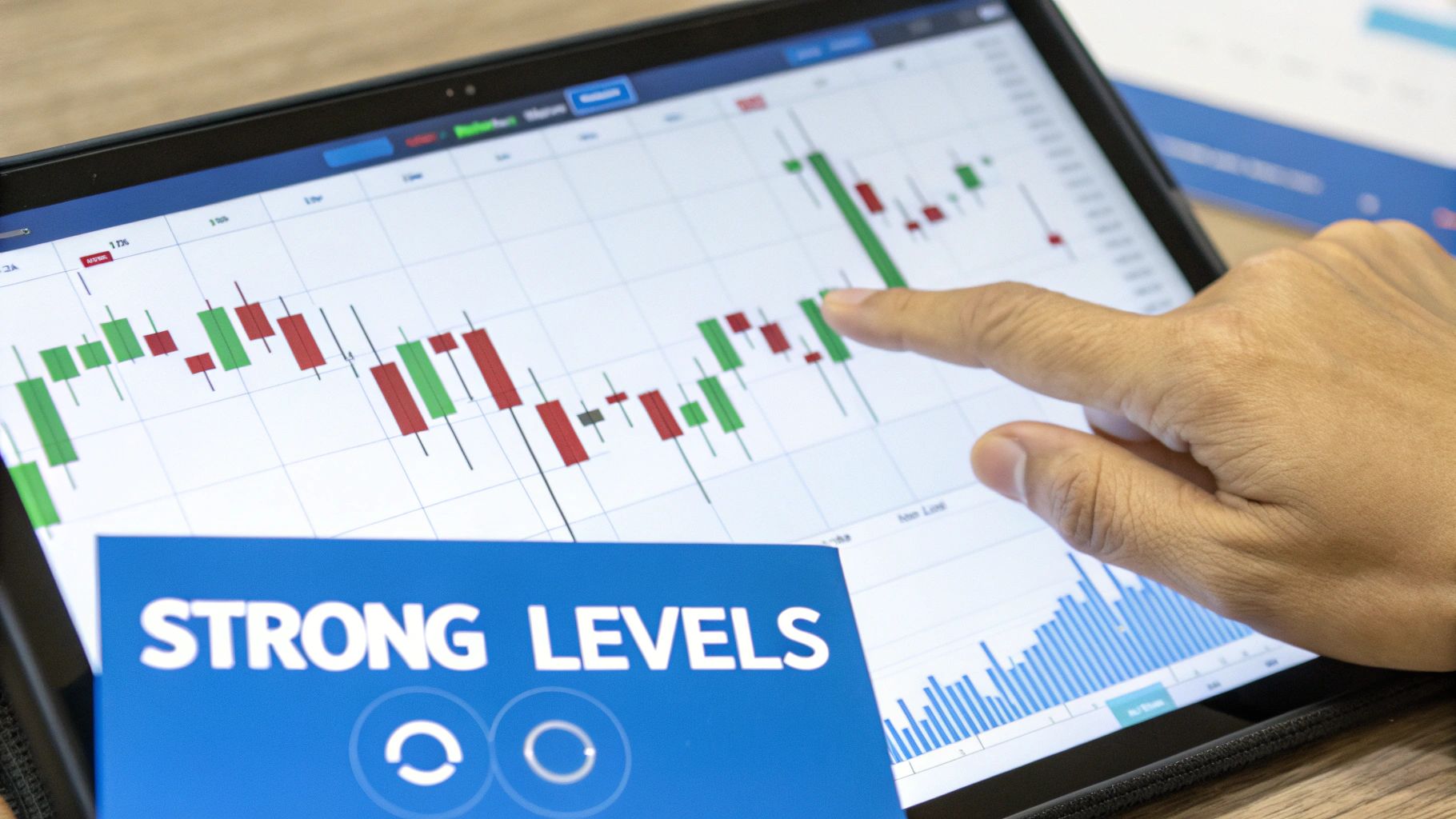 A hand points at a tablet displaying a candlestick financial chart, with a 'STRONG LEVELS' document.