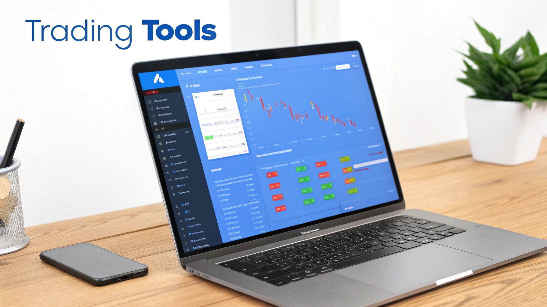 Laptop displaying trading tools interface with candlestick charts and market data on wooden desk