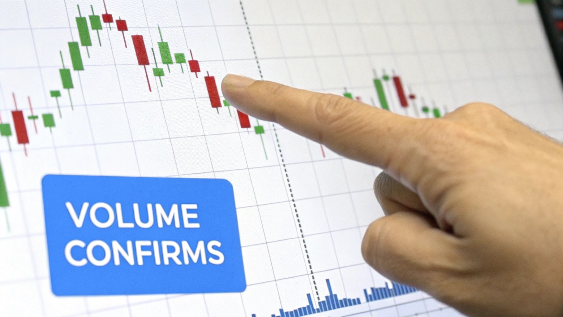 A chart showing an inverted head and shoulders pattern with a significant volume spike at the neckline breakout.