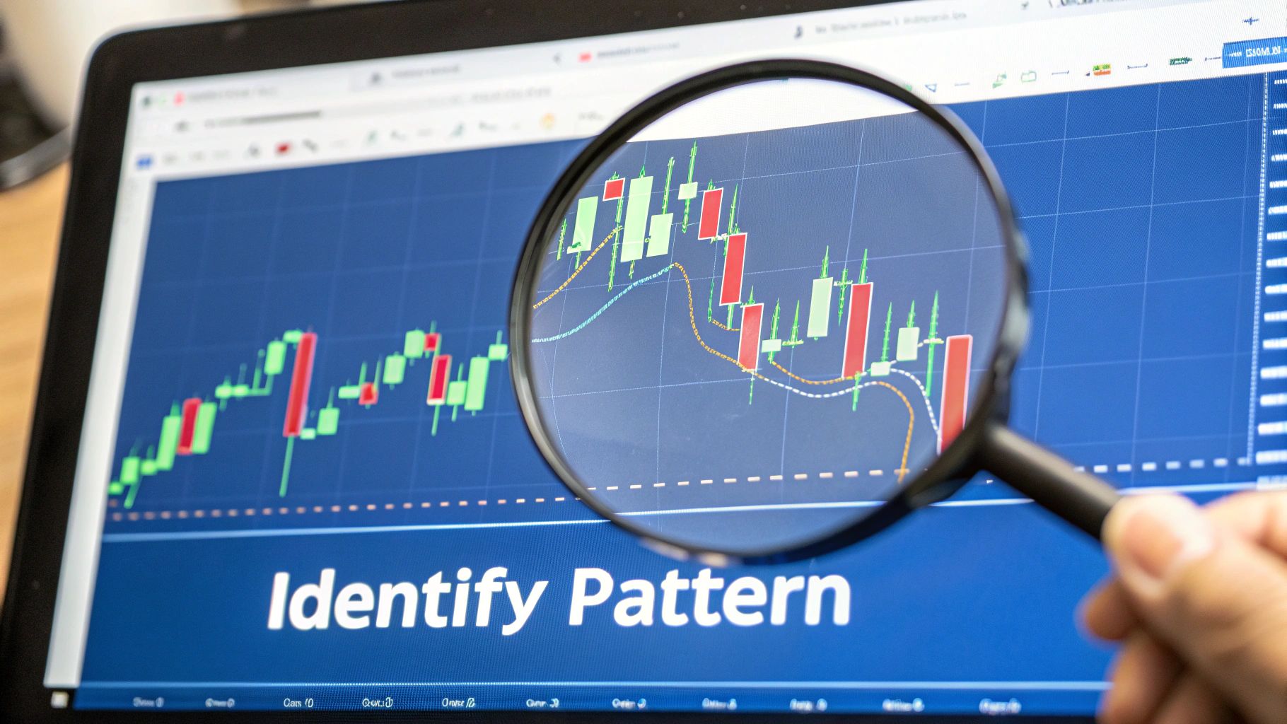 Candlestick chart showing an inverted cup and handle pattern with a volume indicator underneath, highlighting the volume spike during the breakdown