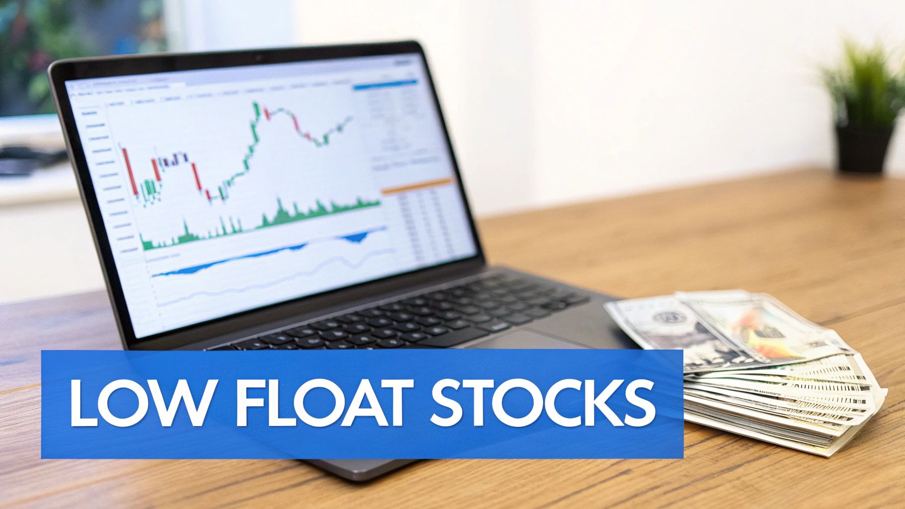 A laptop displaying stock market charts next to a stack of money, with the text 'LOW FLOAT STOCKS'.