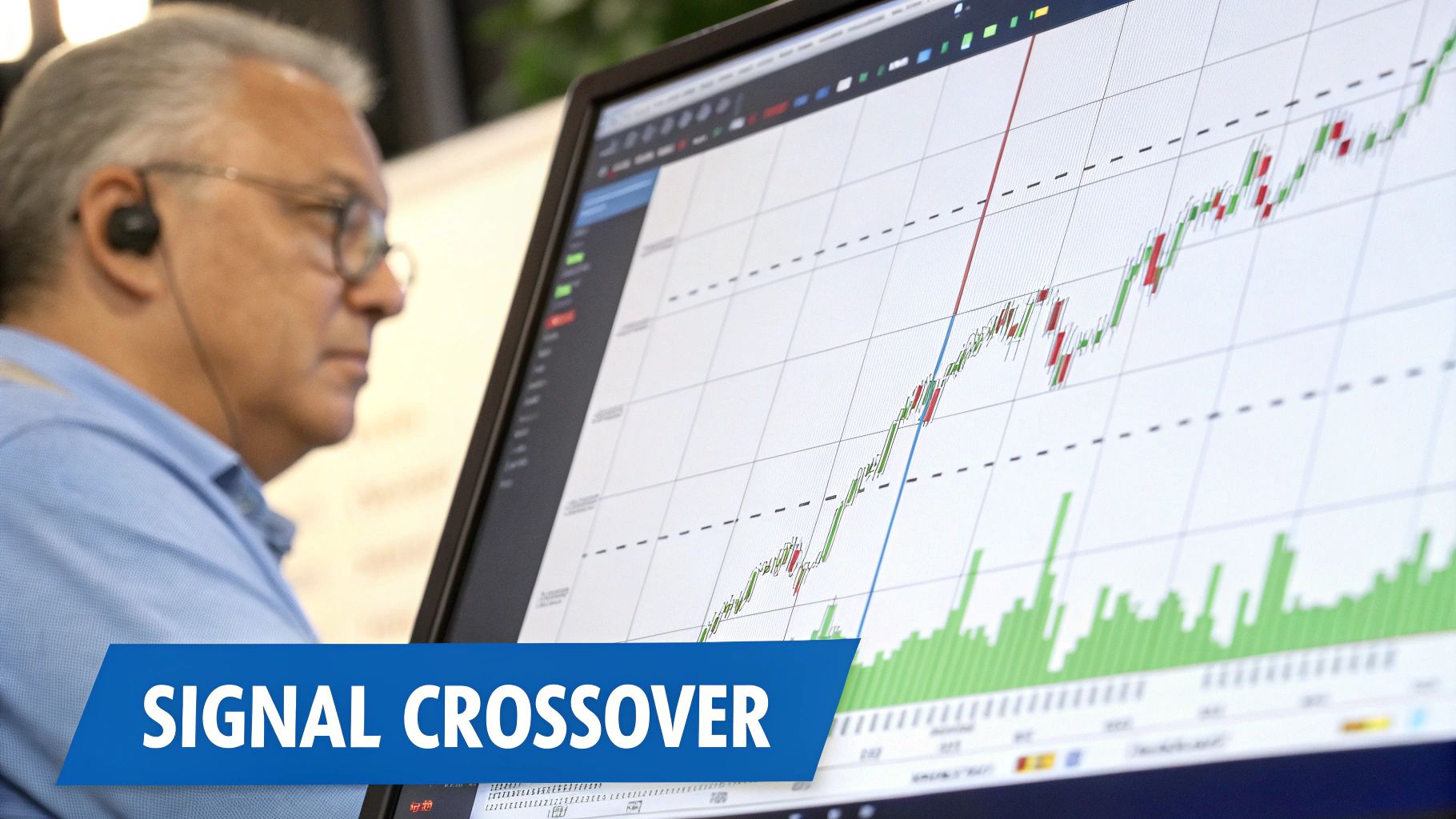 A trader analyzing the Directional Movement Index (DMI) and ADX lines on a trading chart to identify trend signals.