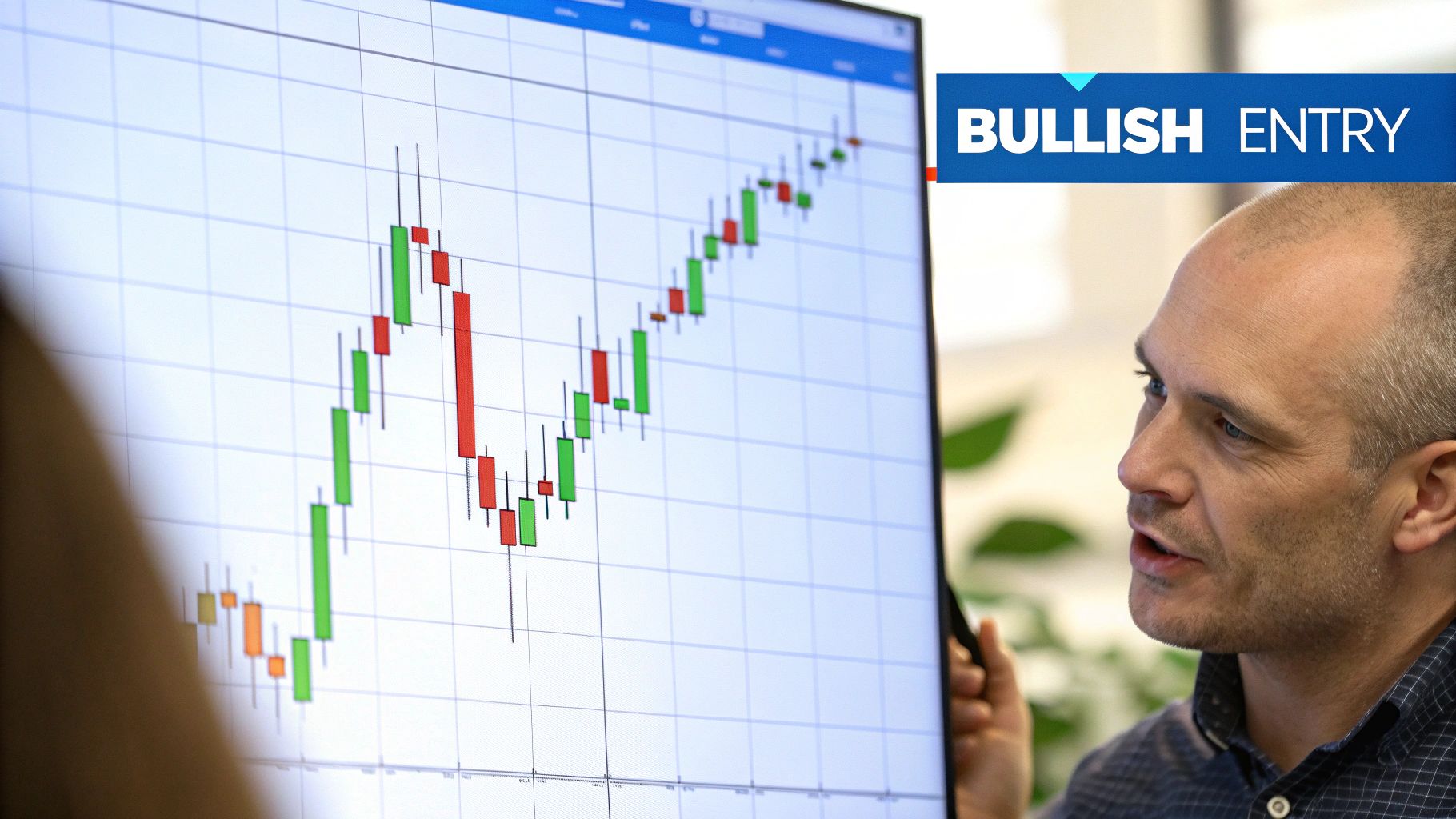 A chart showing a bullish engulfing pattern with entry, stop-loss, and profit target levels marked.