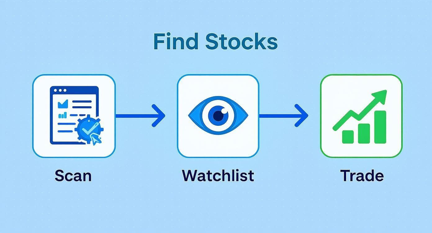 A three-step workflow: Scan, Watchlist, and Trade, to find and invest in stocks.