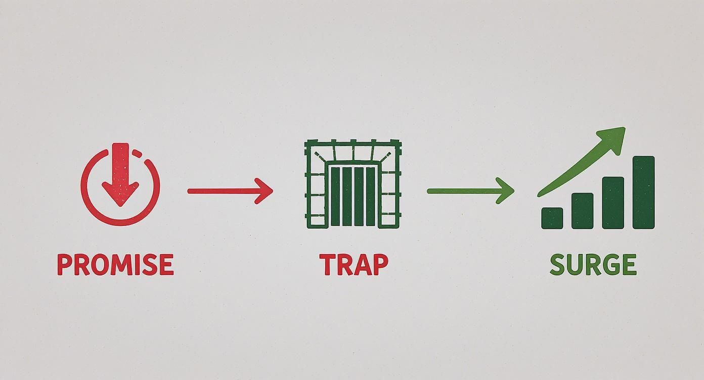 Bear trap trading strategy diagram showing promise leading to trap then surge with arrows and icons