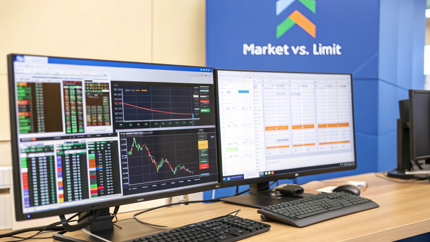 A trader analyzing market charts on multiple screens, deciding between a market or limit order