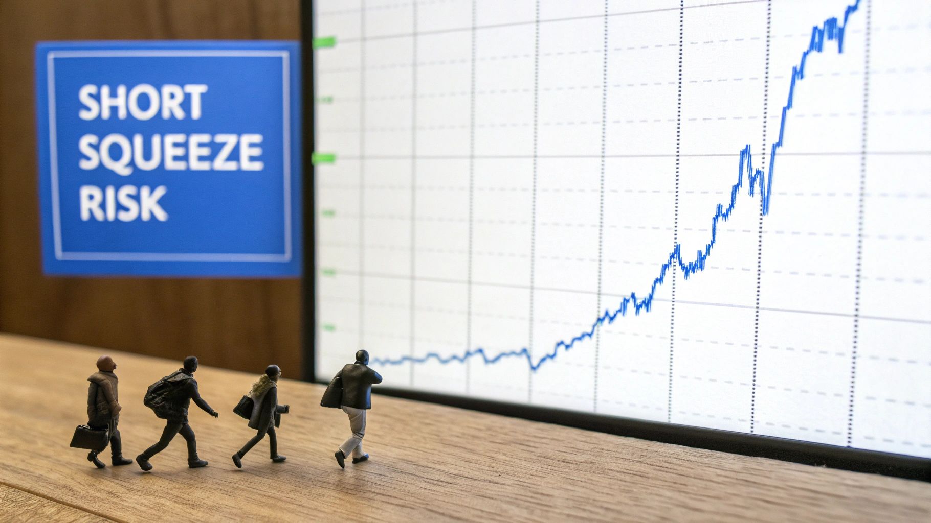 Miniature figures walk past a screen displaying an upward-trending stock chart and a 'SHORT SQUEEZE RISK' sign.