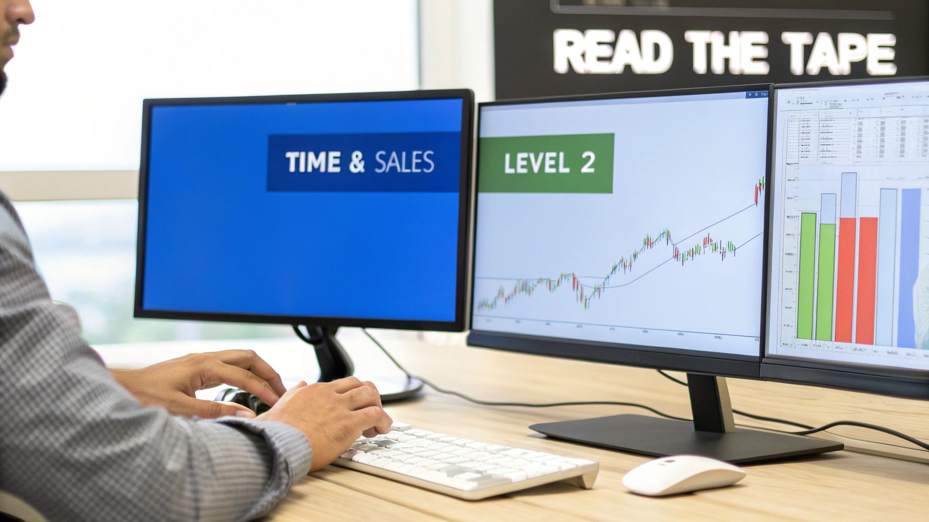 Trader analyzing time and sales level 2 data with stock charts on dual monitors