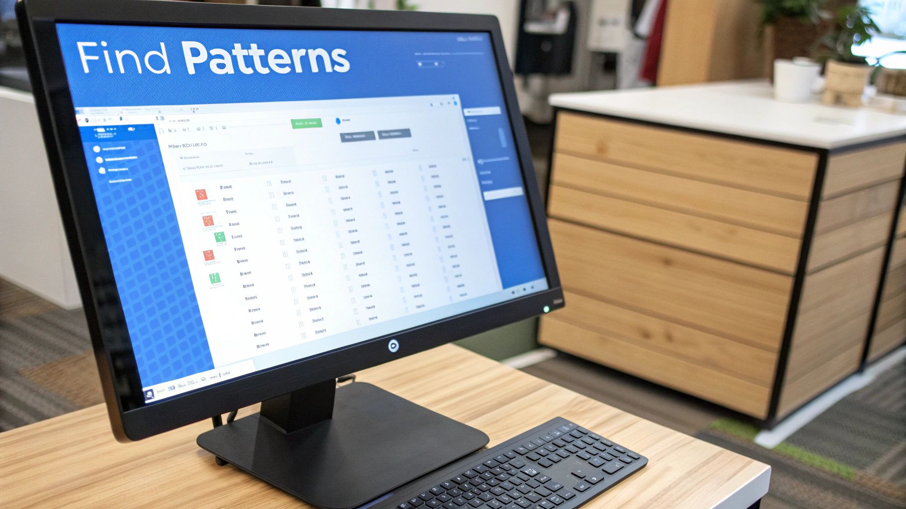 A computer monitor displaying a 'Find Patterns' interface on a modern wooden desk with a keyboard.
