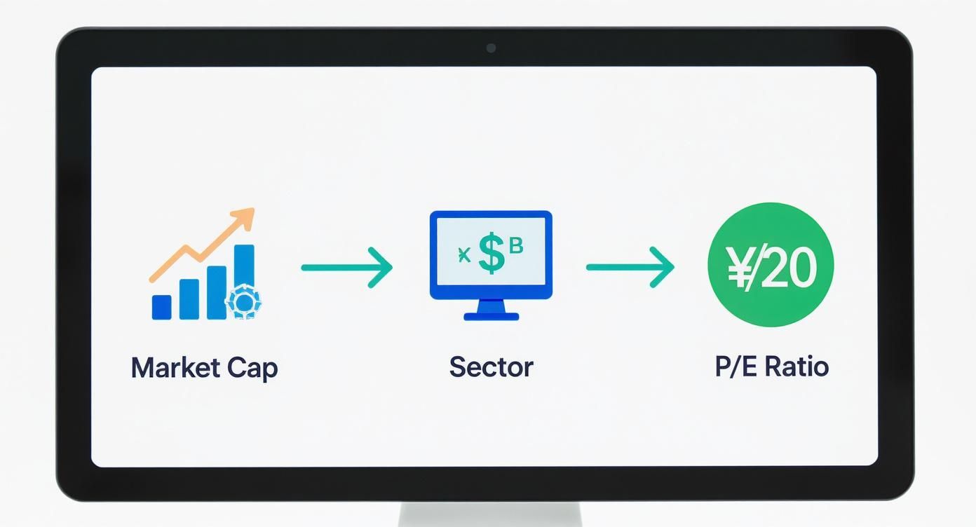 Infographic showing a process flow for building a stock screen, starting with Market Cap, then Sector, and finally P/E Ratio.