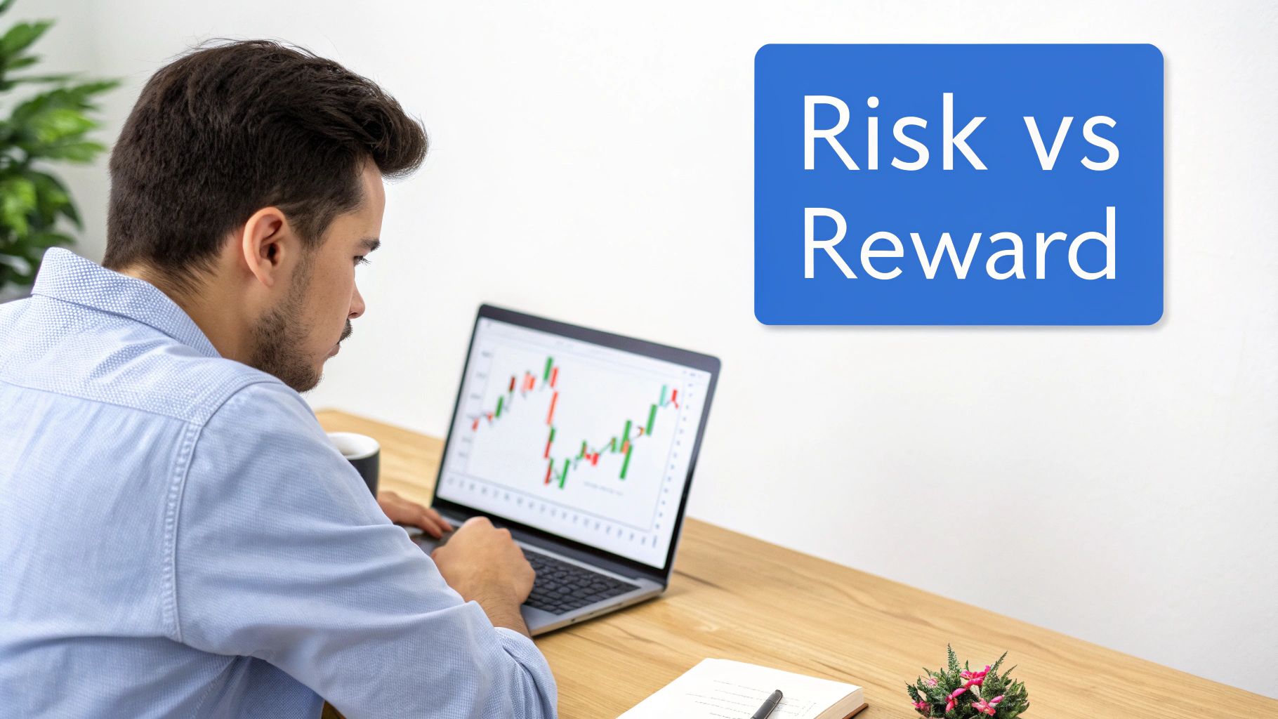 A trader analyzing financial charts on multiple screens, focusing on risk and reward elements.