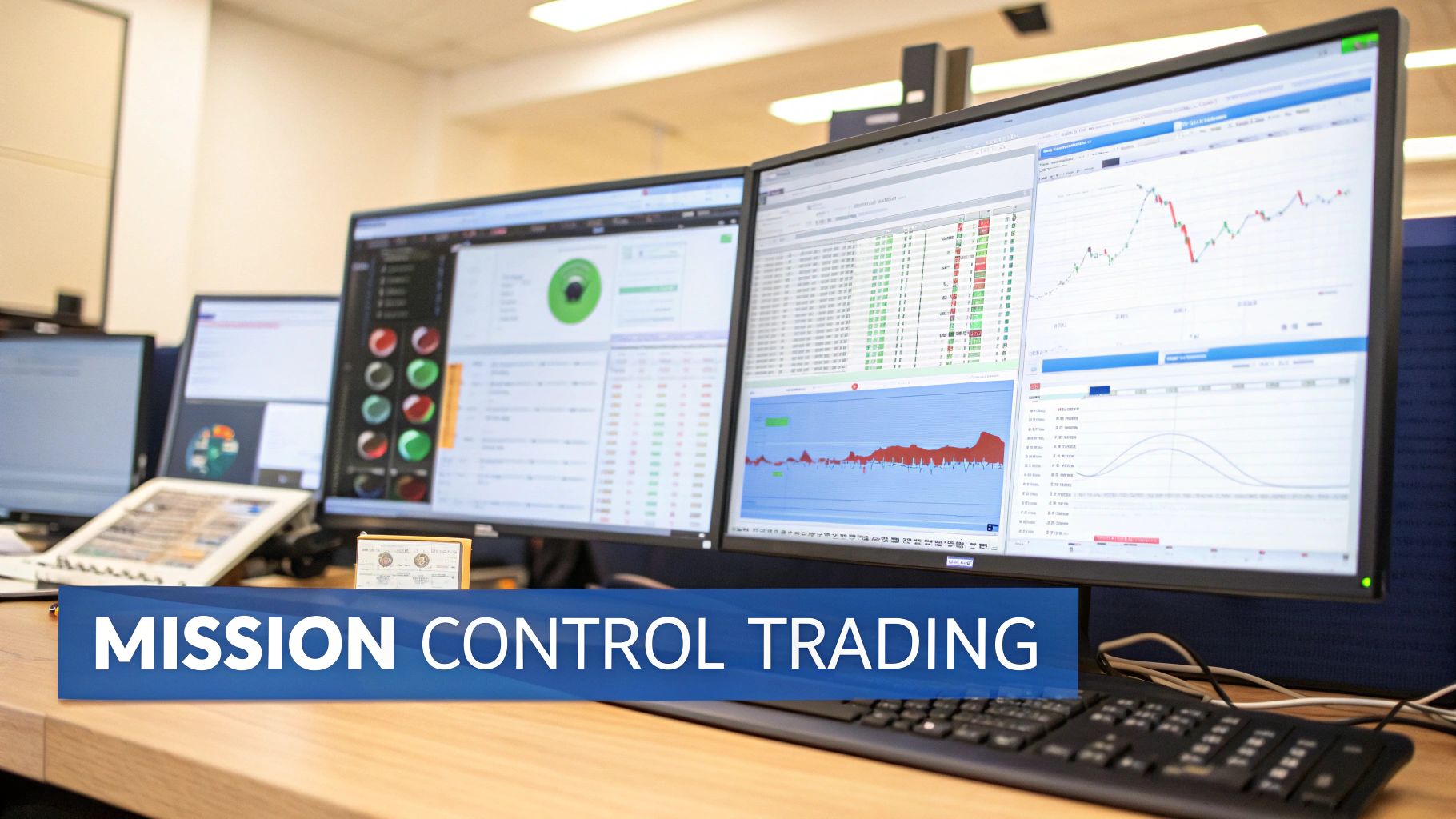 A mission control-style dashboard showing multiple stock charts and real-time data feeds.