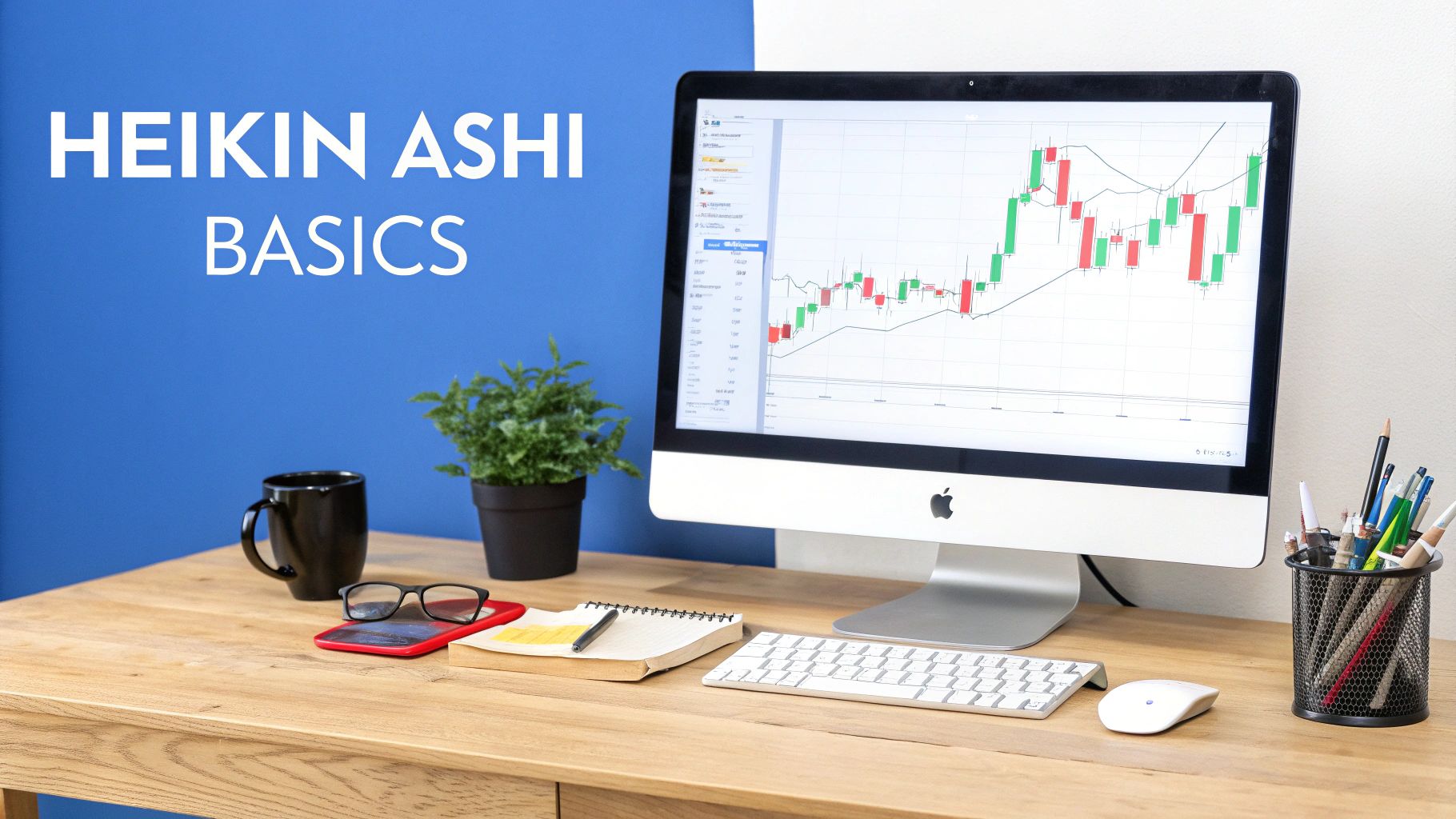 A focused trader analyzing Heikin Ashi charts on a multi-monitor setup, showcasing the clarity of trend identification.