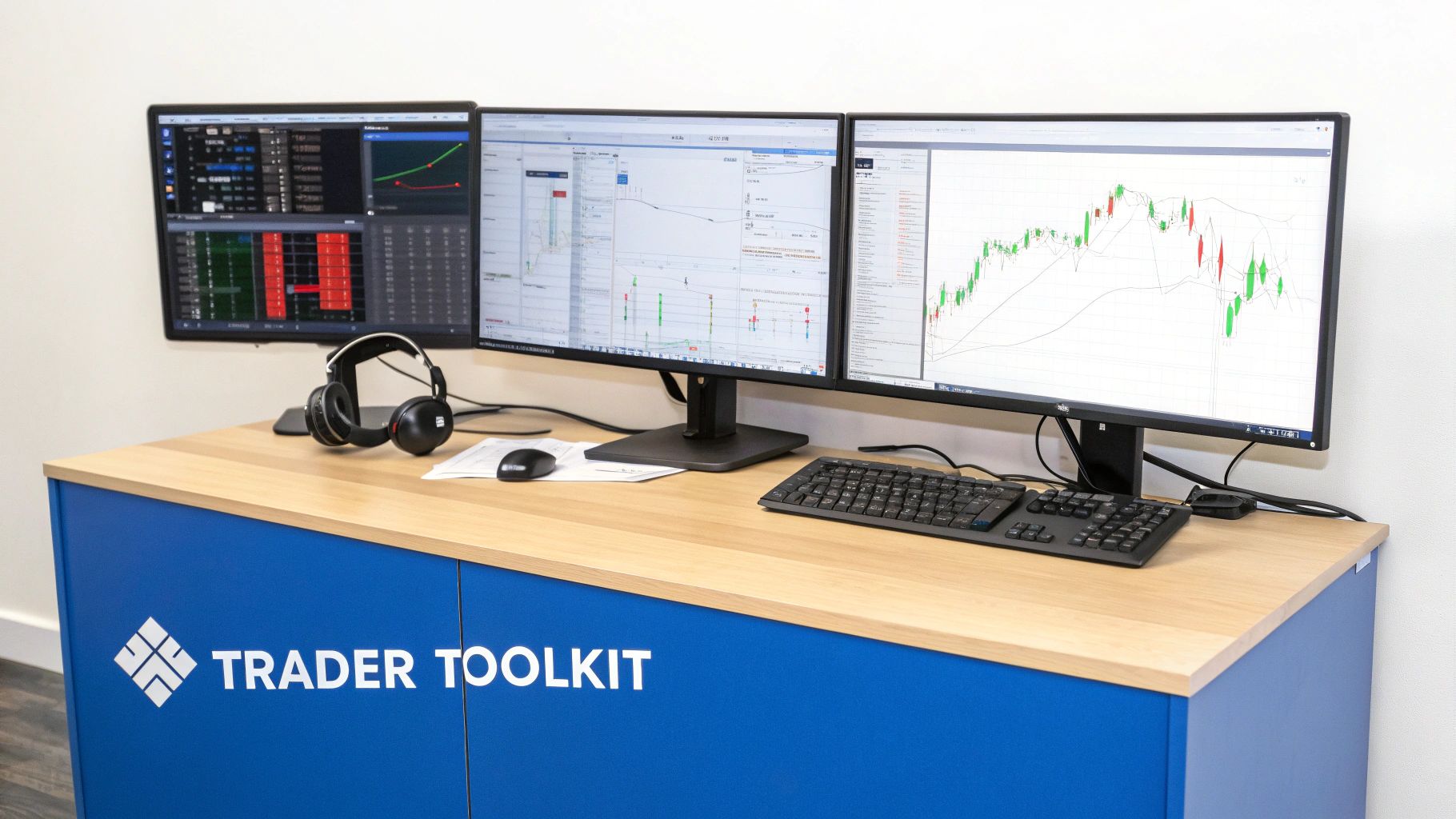 Professional trading desk setup with three monitors displaying stock charts and market data