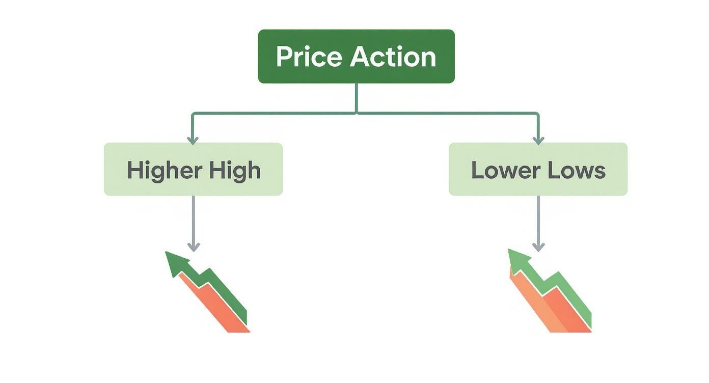 Diagram illustrating price action concepts: Higher High and Lower Lows, with associated trend charts.