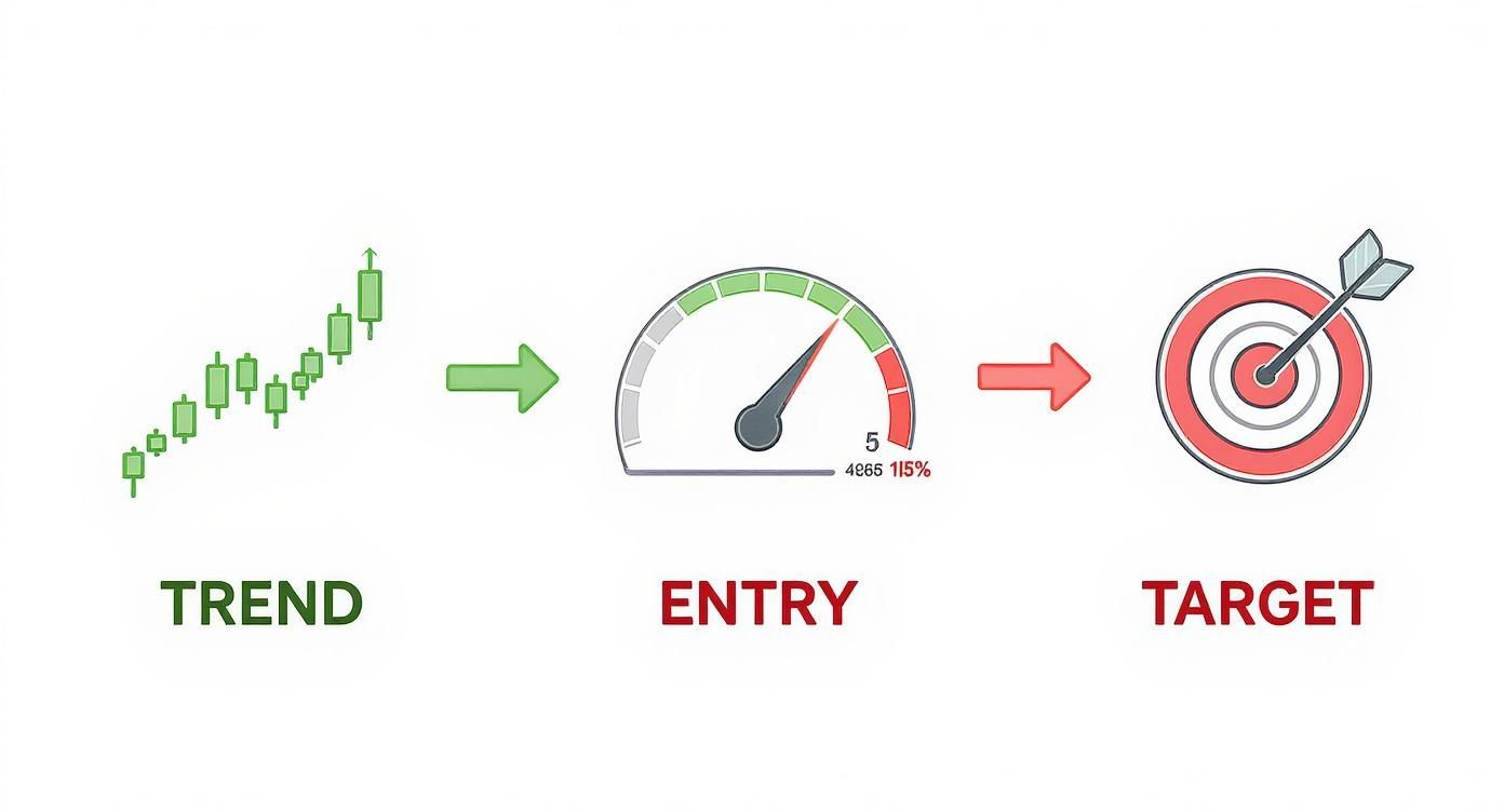Infographic showing a 3-step trading strategy: Trend, Entry, Target