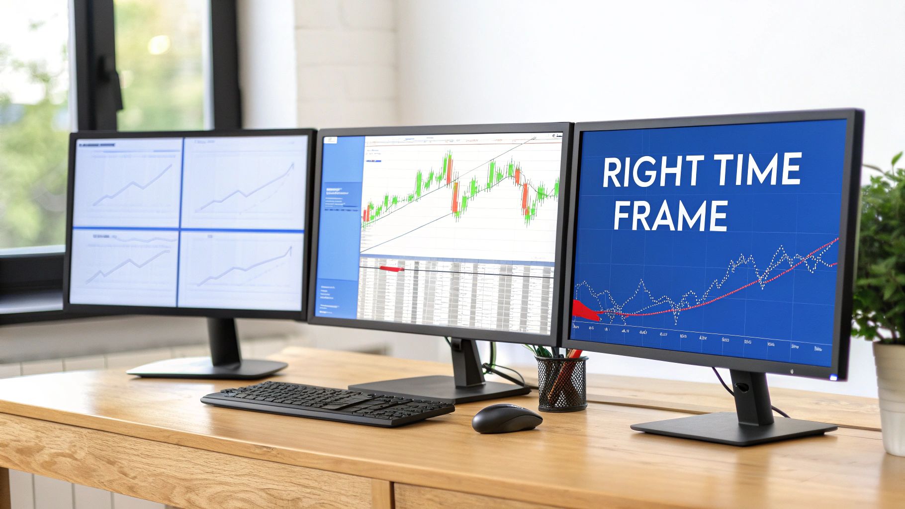 A trader analyzing multiple financial charts on computer screens, illustrating different time frames.