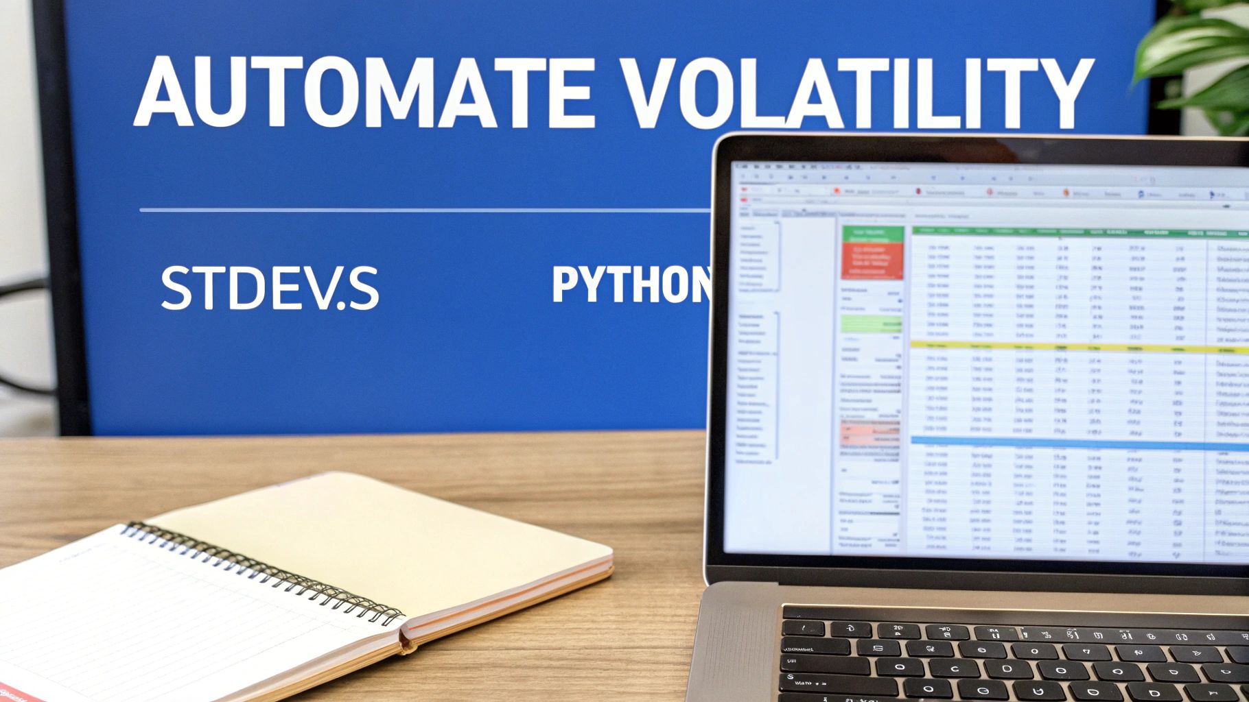 Laptop displaying spreadsheet data with notebook on desk and monitor showing automate volatility standard deviation Python text