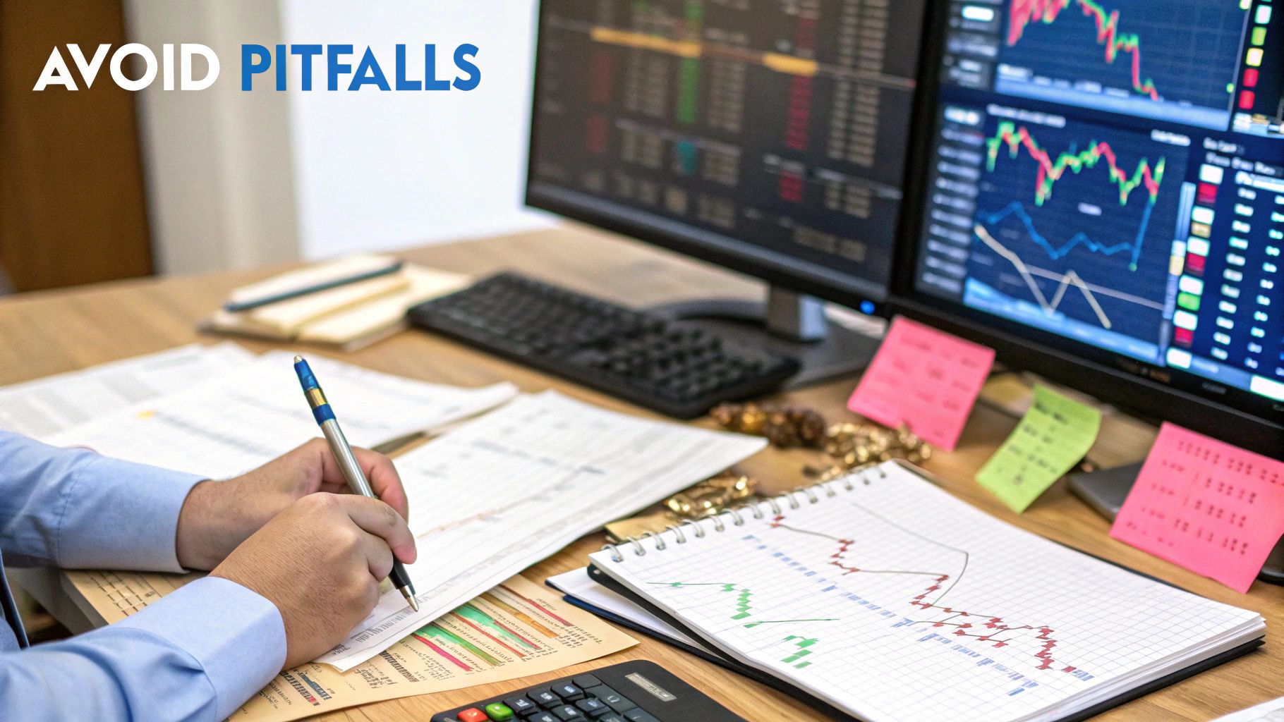 A trader analyzing a chart on a monitor, looking thoughtful and considering the limitations of a technical pattern.