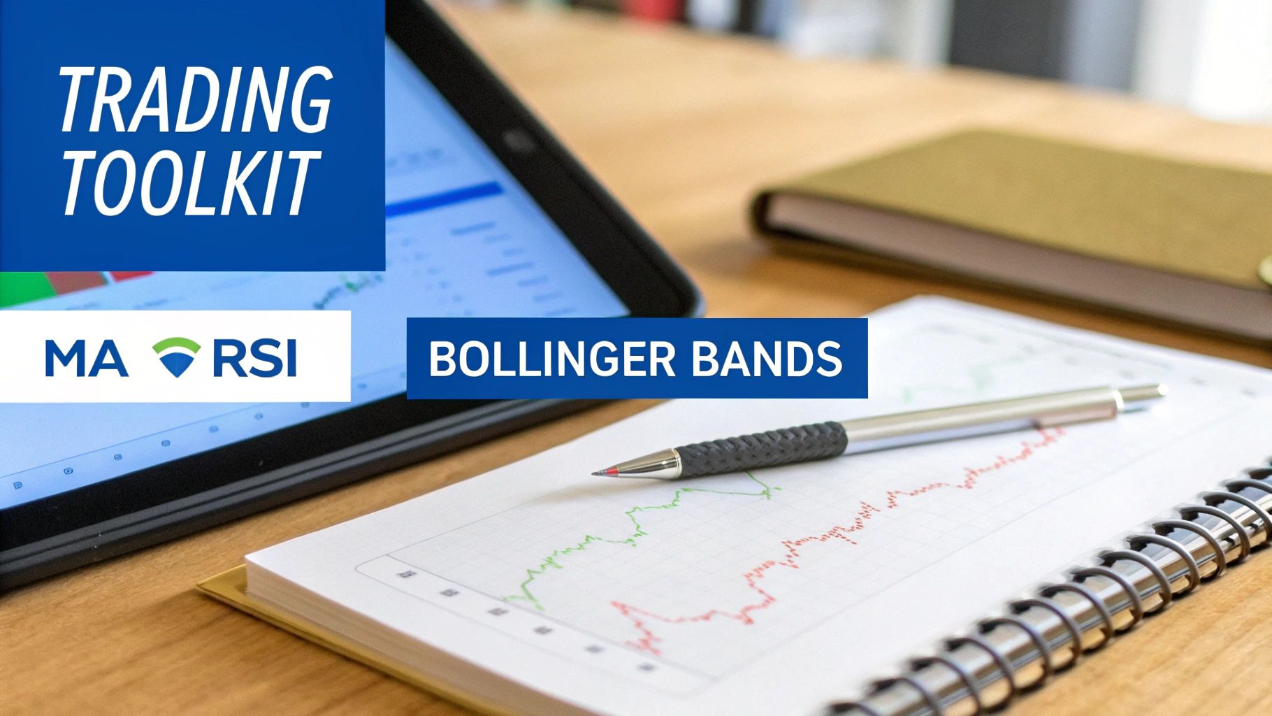 Trading toolkit featuring Bollinger Bands indicator with MA and RSI on desk with charts and tablet