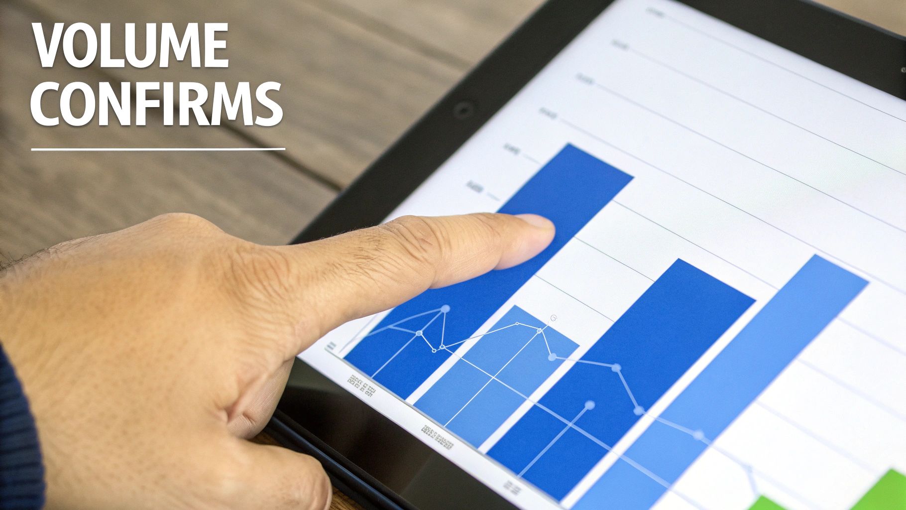 A hand touches a tablet screen displaying a financial bar and line graph with 'VOLUME CONFIRMS' text.