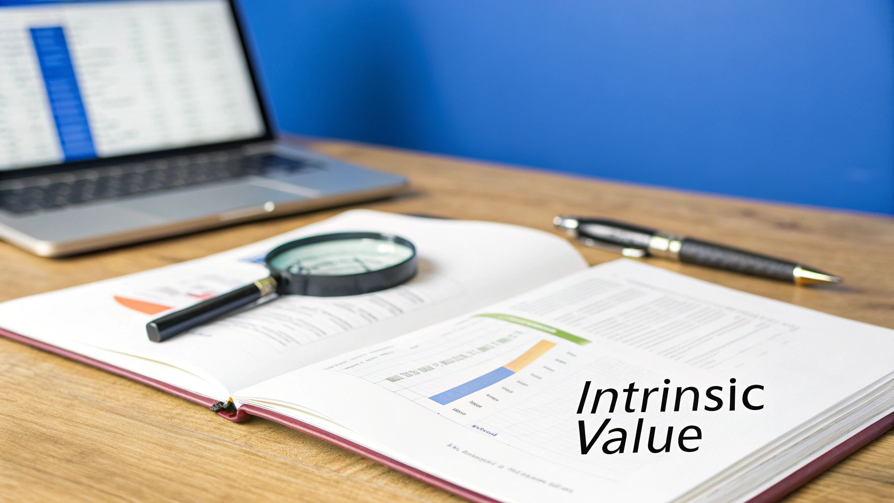 A diagram showing that fundamental analysis involves looking at a company's financial health, management, and industry to determine its intrinsic value, contrasted with its market price.