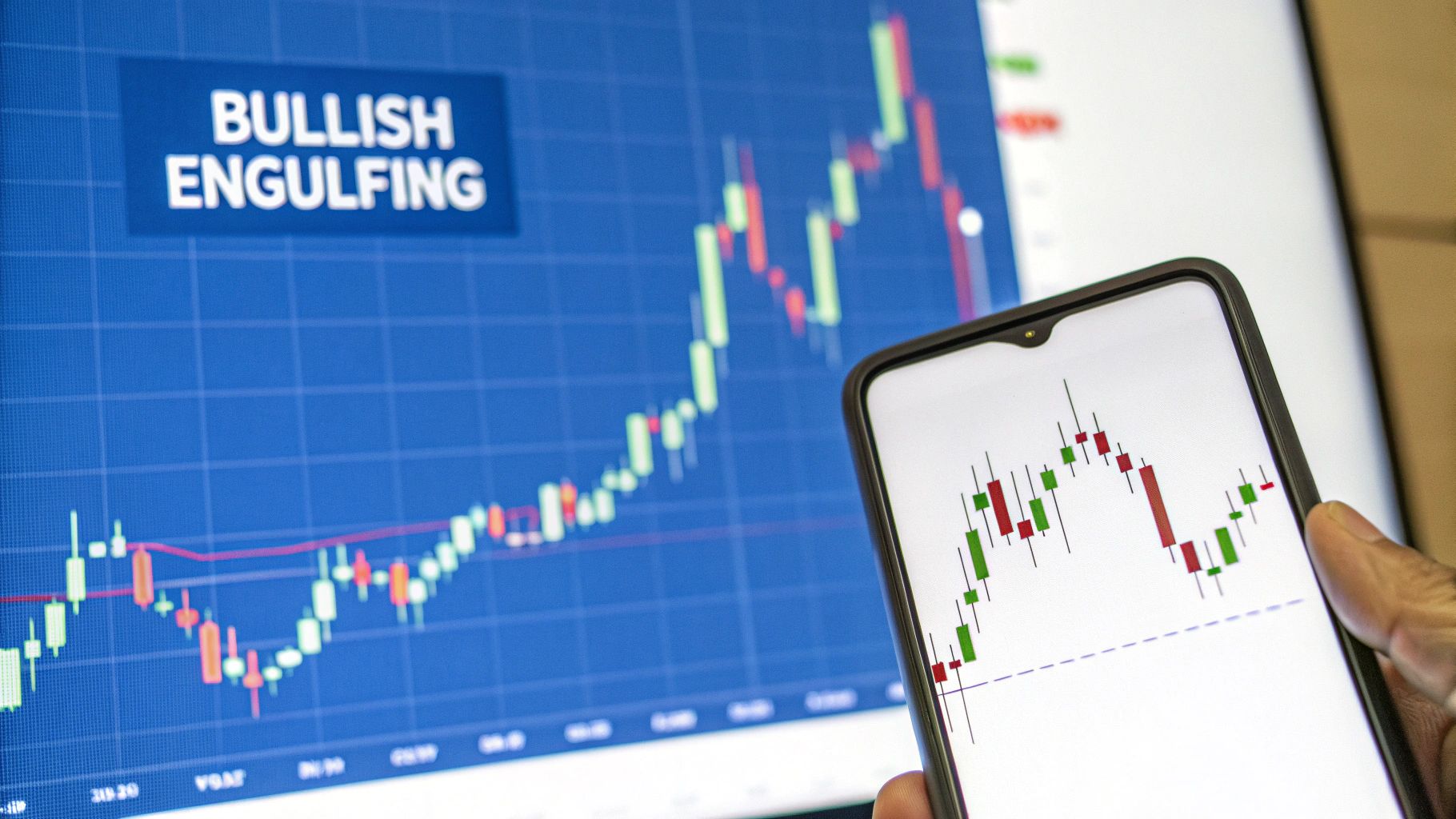 An example of a bullish engulfing candlestick pattern, where a large green candle completely covers a smaller red candle.