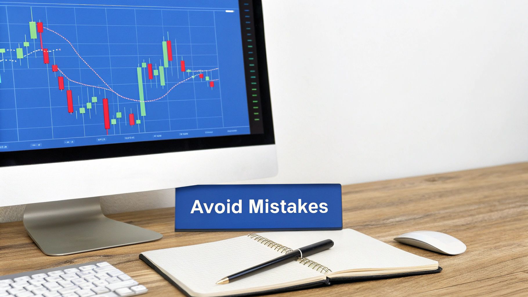 A desk setup with a computer showing a stock market chart, a sign reading 'Avoid Mistakes', a notebook, and a pen.