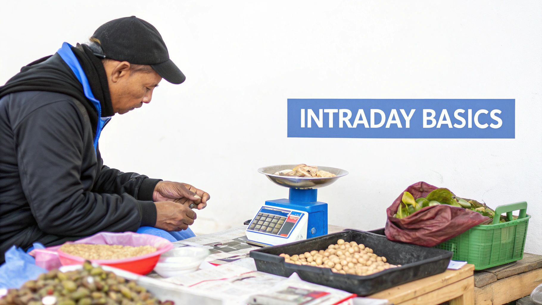 Street vendor counting money at market stall with produce scale and goods for intraday trading basics