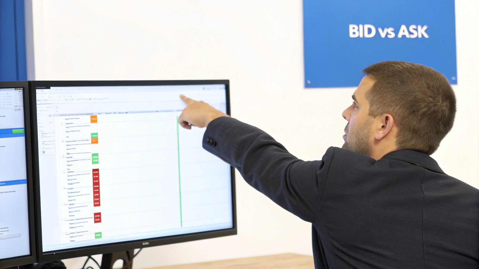 A man in a suit points at a computer screen displaying financial data and charts, with 'BID vs ASK' sign in background.