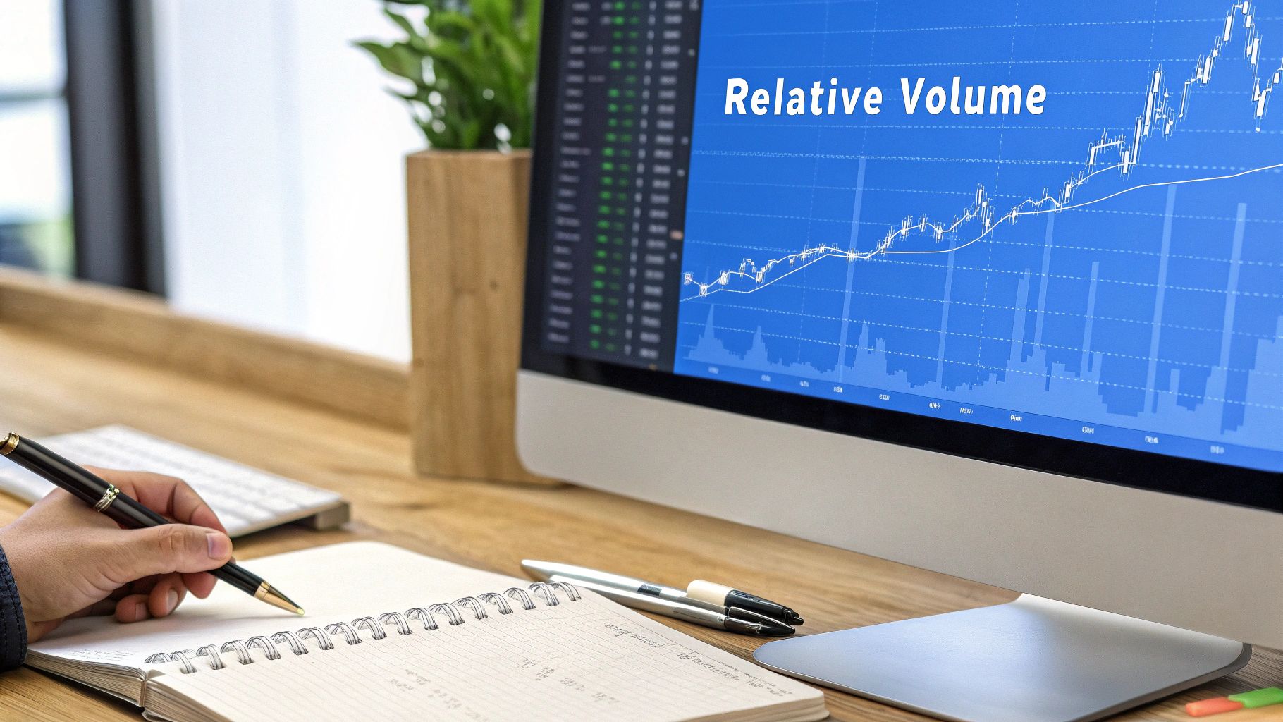 A trader analyzing complex stock charts with data visualizations, representing the use of the relative volume indicator