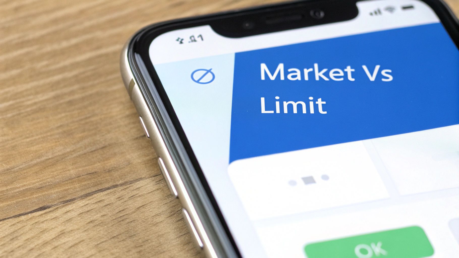 A close-up of an iPhone screen displaying "Market Vs Limit" text on a blue background, resting on wood.